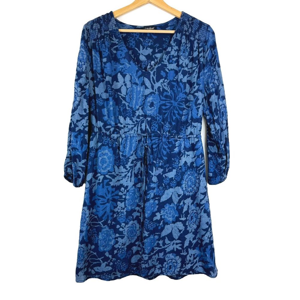 Lucky Brand Drawstring Waist Floral Blue Shirt Dress L